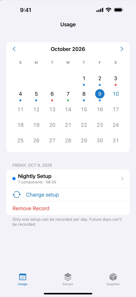 The Usage calendar, with a colored dot on each recorded night