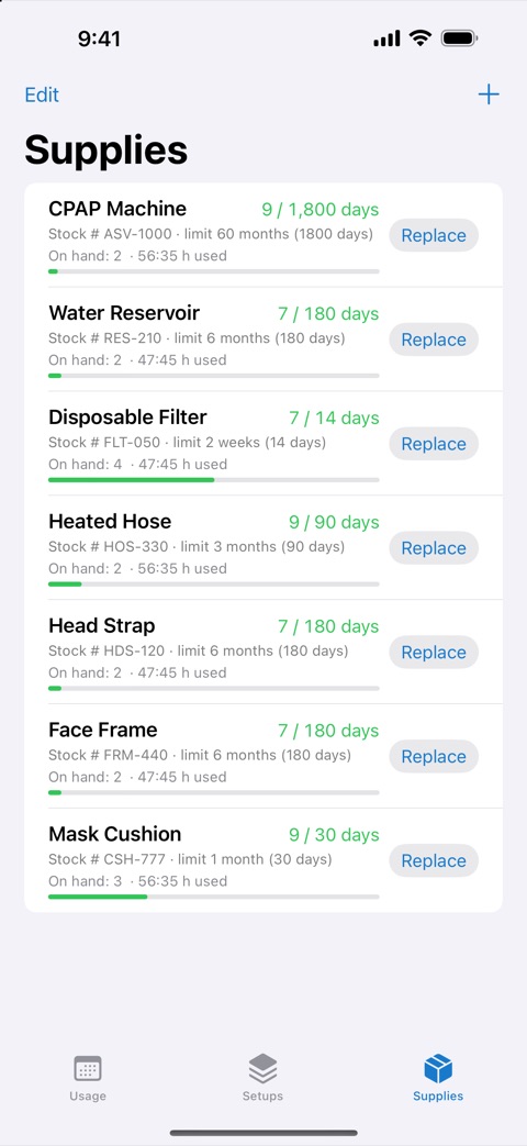The Supplies list with usage progress, hours used and stock on hand