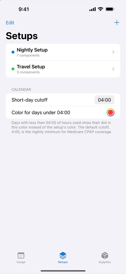 The Setups list with the short-night settings
