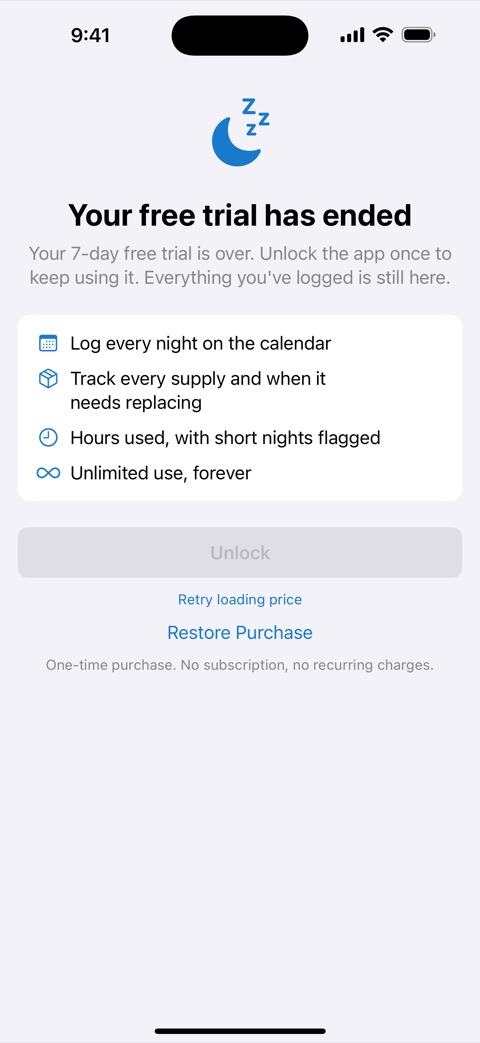The one-time unlock screen shown after the free trial